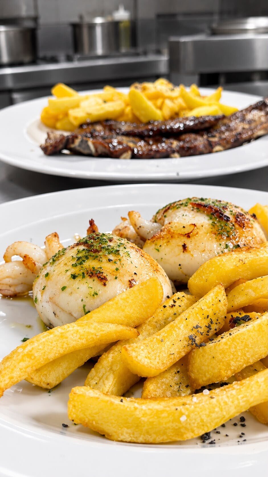 Sepia a la plancha con patatas fritas del menú del día y, detrás, churrasco a la brasa